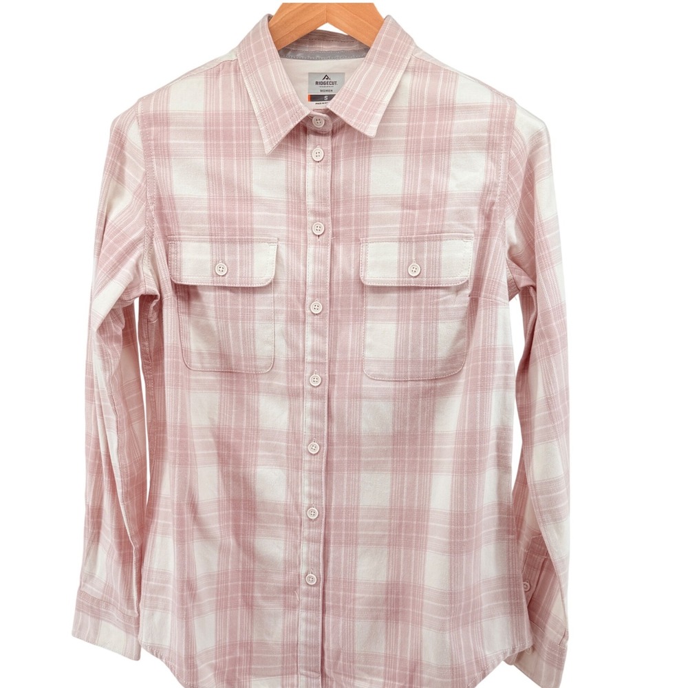 Ridgecut Toughwear Womens Small Pink White Plaid Button Down Utility Shirt
